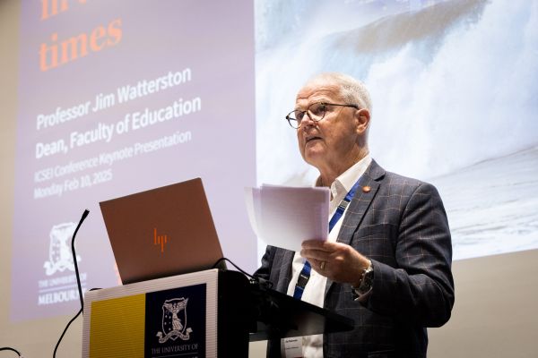 Professor Jim Watterston (Dean, Faculty of Education) presenting his keynote at the Opening Ceremony of ICSEI, 2025.