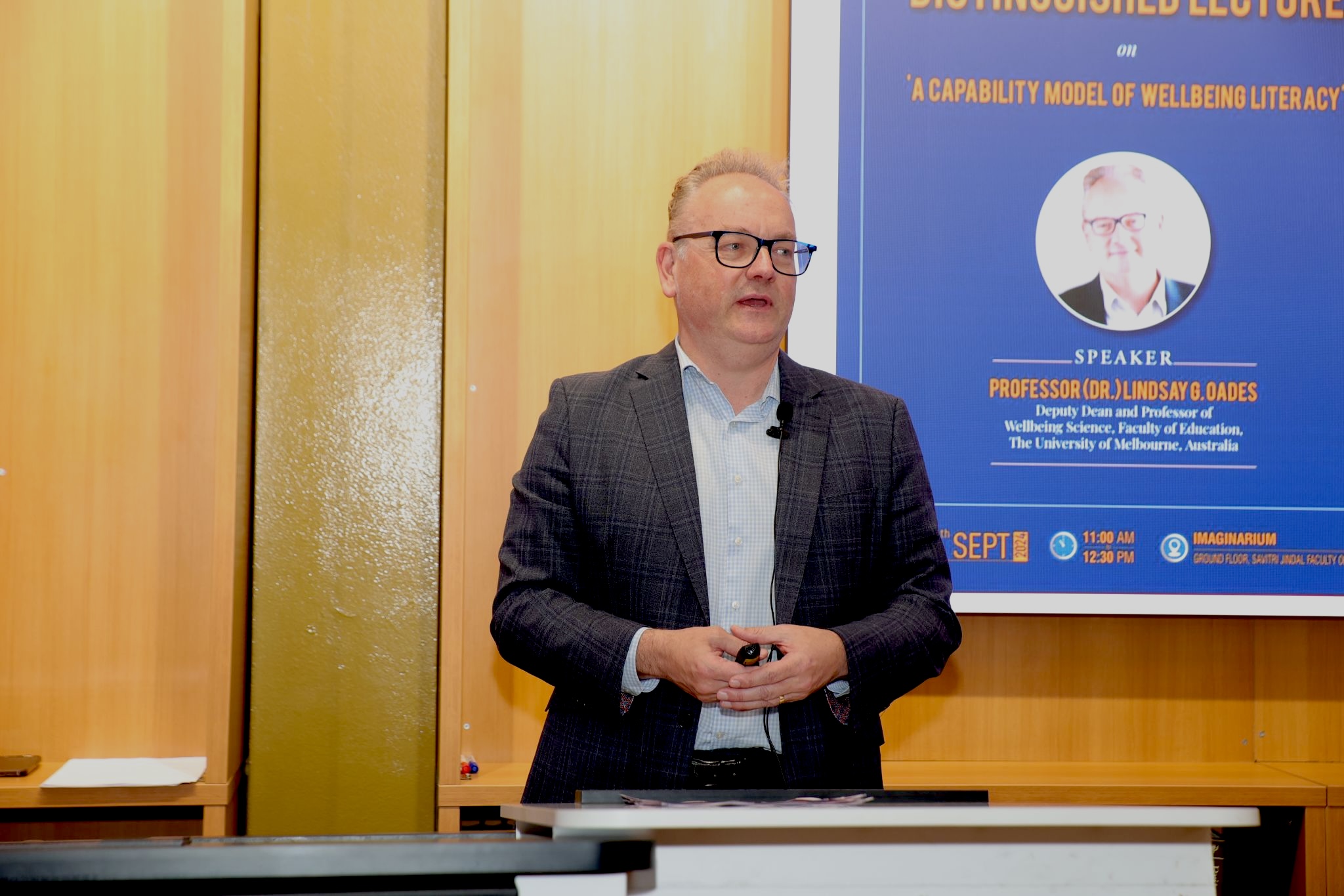 Prof. Lindsay G Oades, Deputy Dean and Professor of Well-being Science at the Faculty of Education, delivers the second Jindal-Melbourne Distinguished Lecture during his visit to O.P. Jindal Global University.