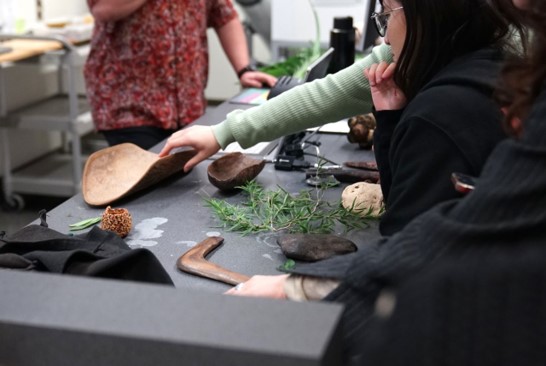 People looking at indigenous artefacts and plants on a table