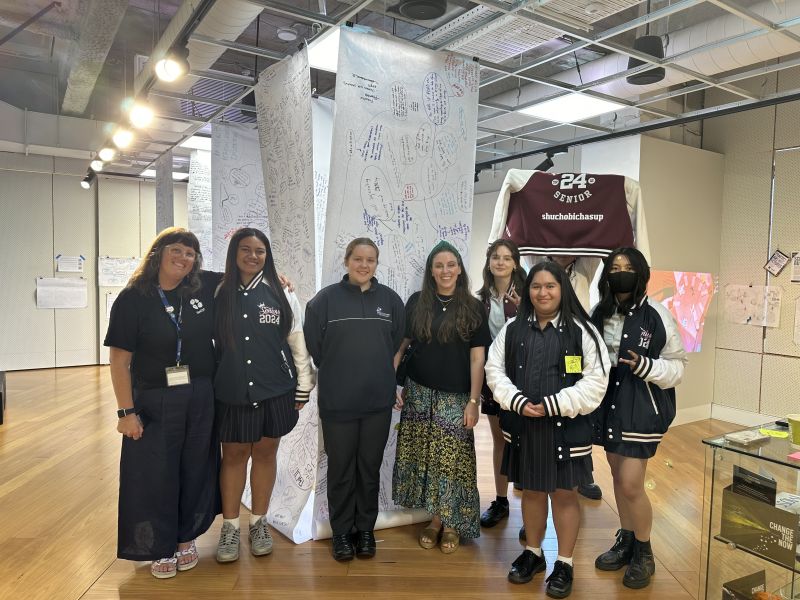 Futures of Learning co-designers and A/Prof. Kate Coleman stand in front of Tanglegrams