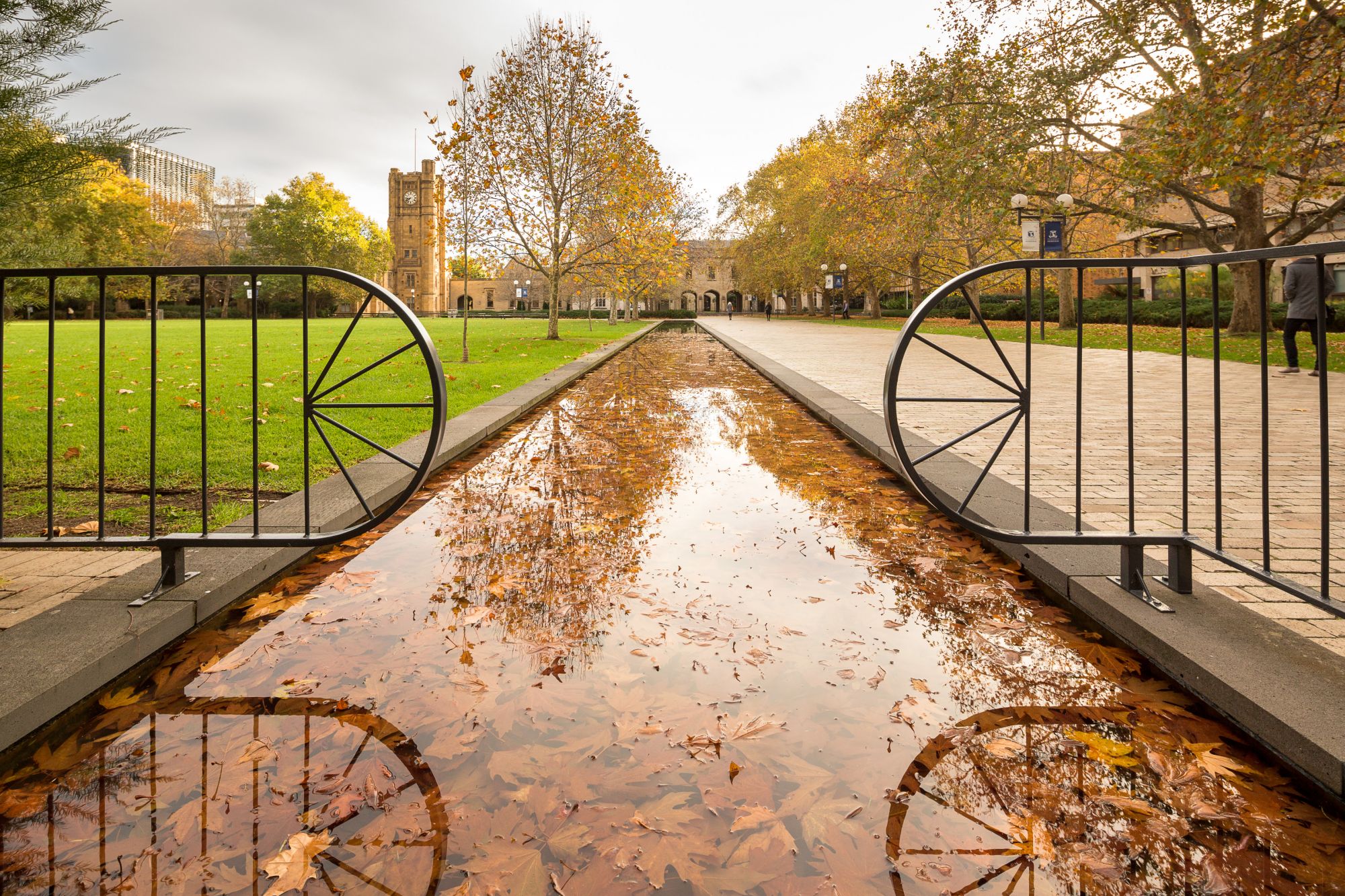 Reflections in water body next to south lawn