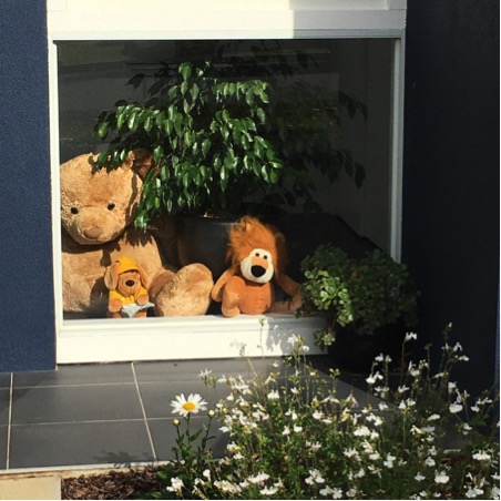 Teddy bears in window during COVID-19 outbreak