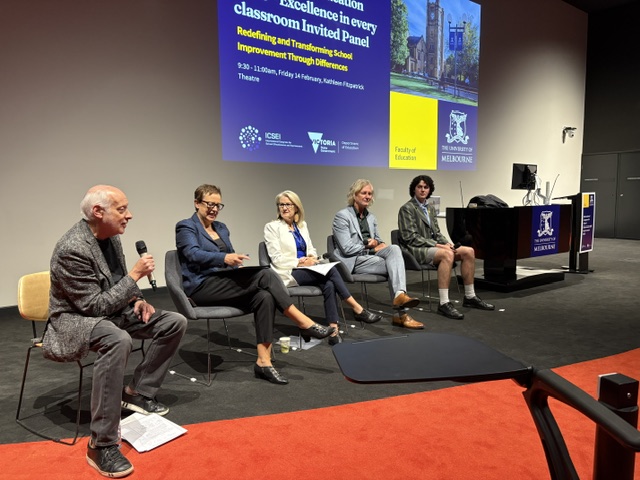 Panel discussion at ICSEI 2025, speaker (from left to right); Tony Mackay (facilitator), Jenny Atta, Secretary of the Department of Education, Dr Marcia Devlin AM (CEO, Victorian Academy of Teaching and Leadership), Steve Cook (Principal, Albert Park College) and James Keating (School Captain, Albert Park College)