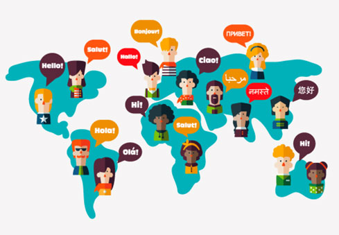 world map with speech bubbles saying hello in many languages