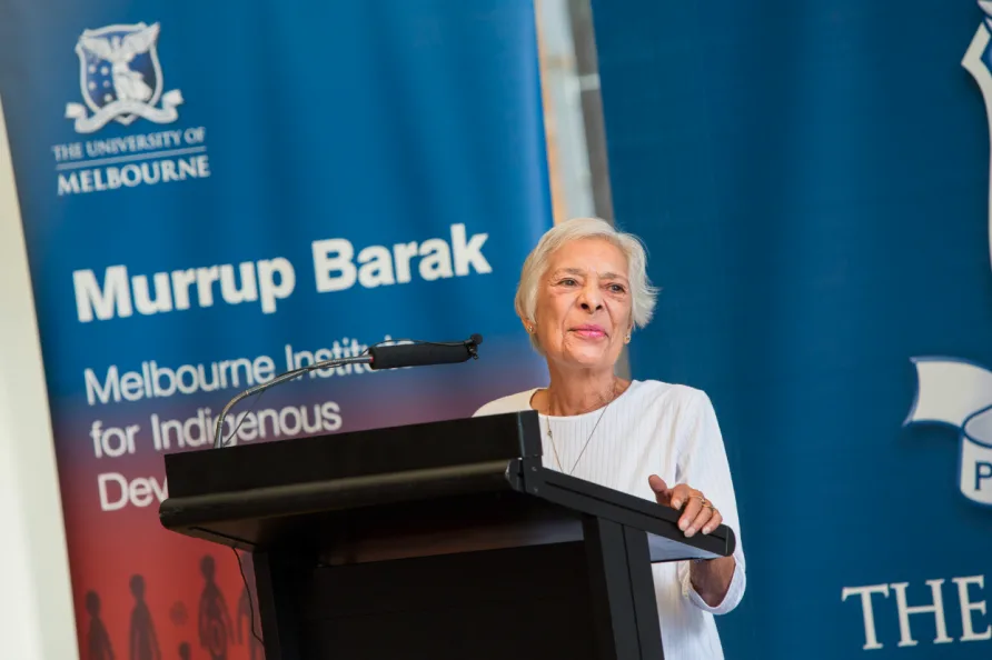Dr Margaret Williams-Weir speaking at the University of Melbourne in 2014.