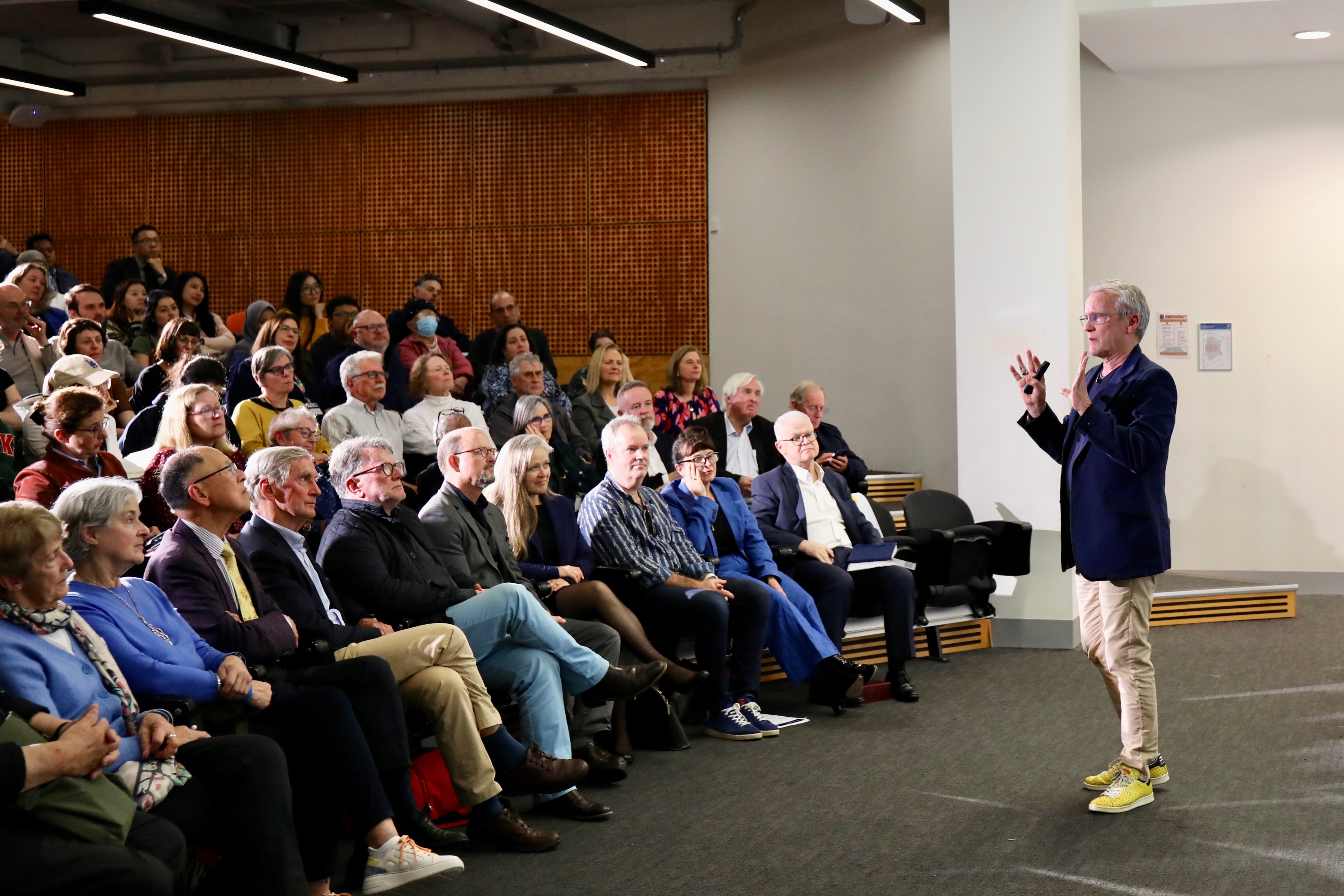 Professor Pasi Sahlberg presenting the fourth Dean's Lecture Series 2024. Picture: Genevieve Siggins.