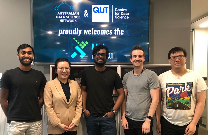 Down Under Data Wizards team picture; Farheen Ameen, Sundance Zhihong Sun, Janith Wanniarachchi, Jamie Hogg and David Wu. Picture: Sourced
