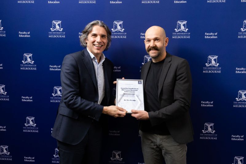 Excellence in Mid-Career Research Achievements, Dr Alex Bacalja, with Dean, Professor Marek Tesar